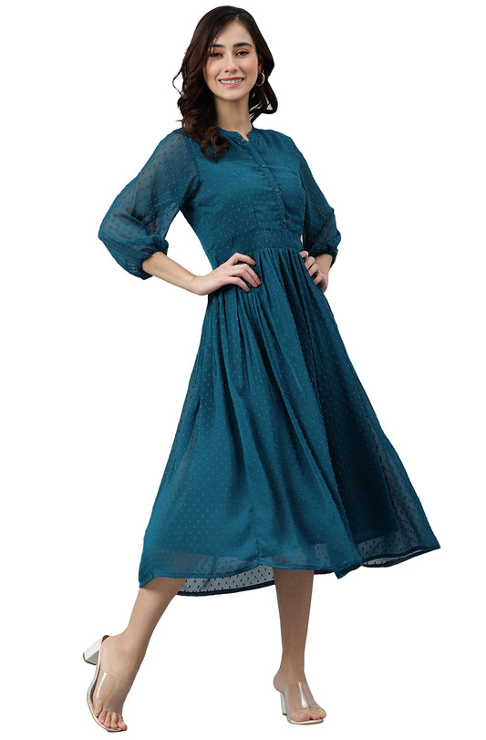 Janasya Women's Teal Poly Chiffon Self Design Flared Dress