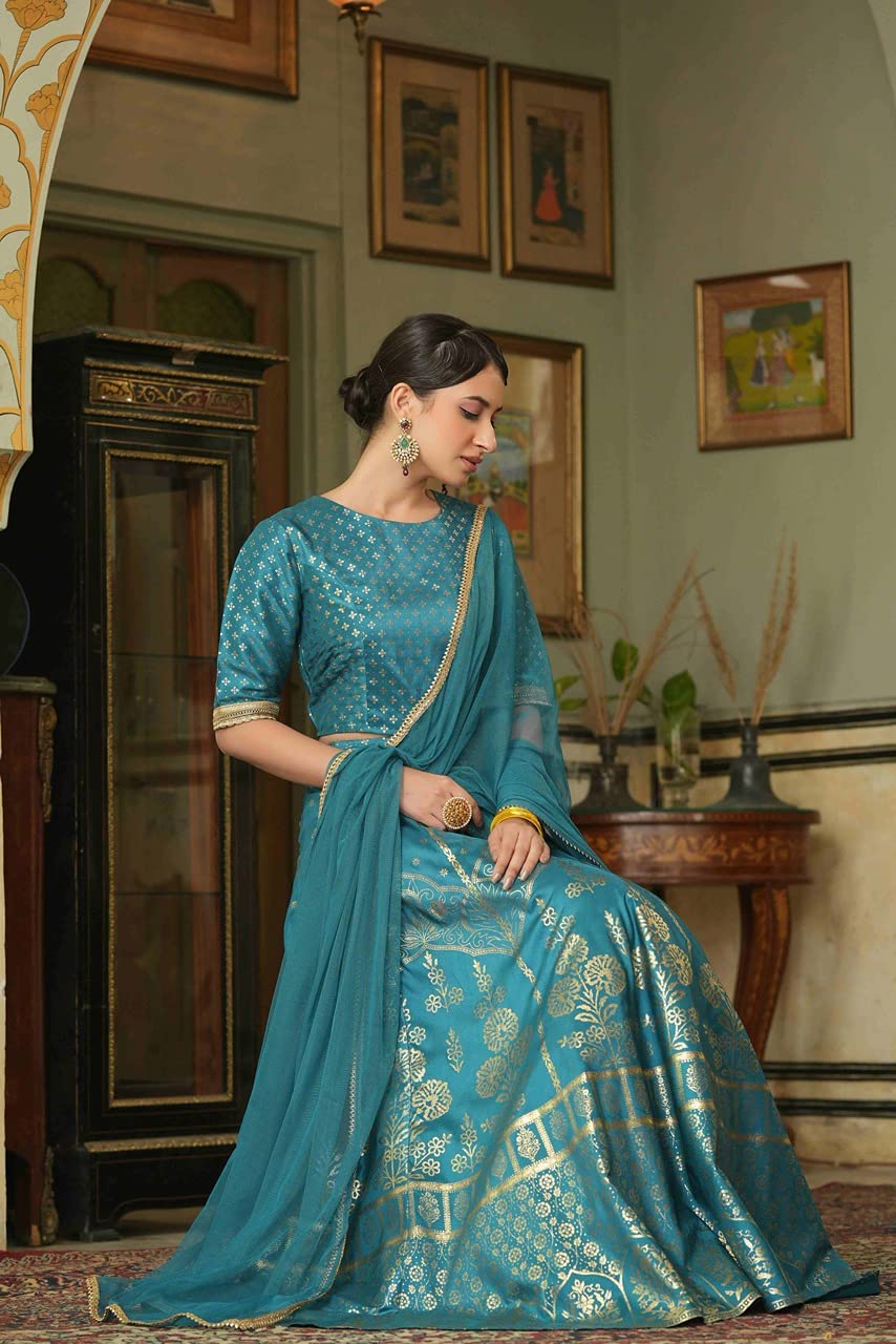 Juniper Women's Teal Santoon Slub Festive Foil Printed Straight Lehnga Choli Set -XXL