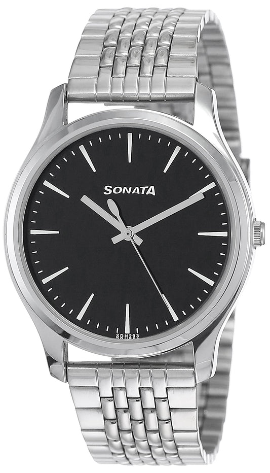 Sonata Essentials Quartz Analog Black Dial Silver Stainless Steel Strap Watch for Men - NS77082SM01