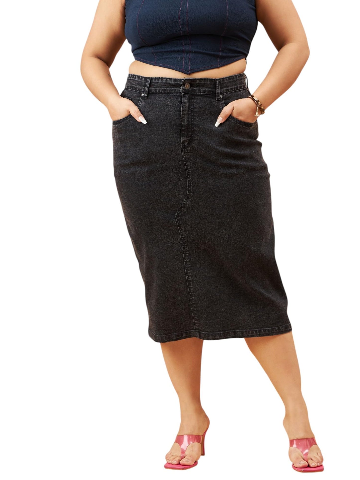 SASSAFRAS Curve Black Denim Acid Wash A-Line Skirt