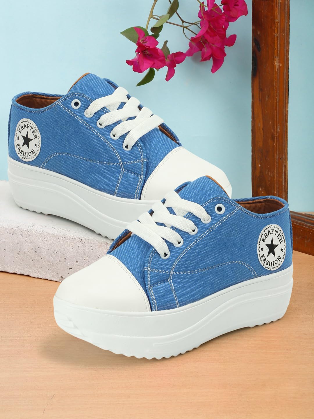 KRAFTER Chunky Denim Sneakers for Women & Girls – Sky Blue Casual Walking Shoes Comfortable Fit Trendy Everyday Wear – UK 6 – Model HP-1330-39