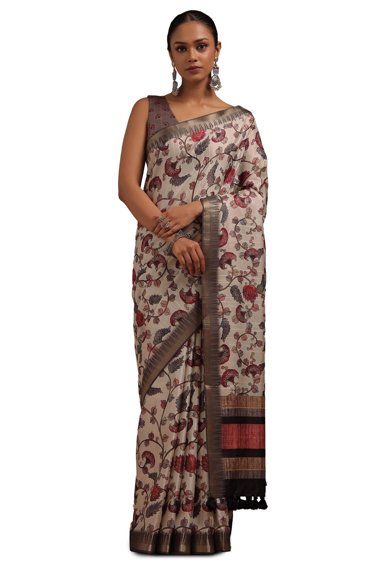 Soch Womens Cream Tussar Floral Print Saree