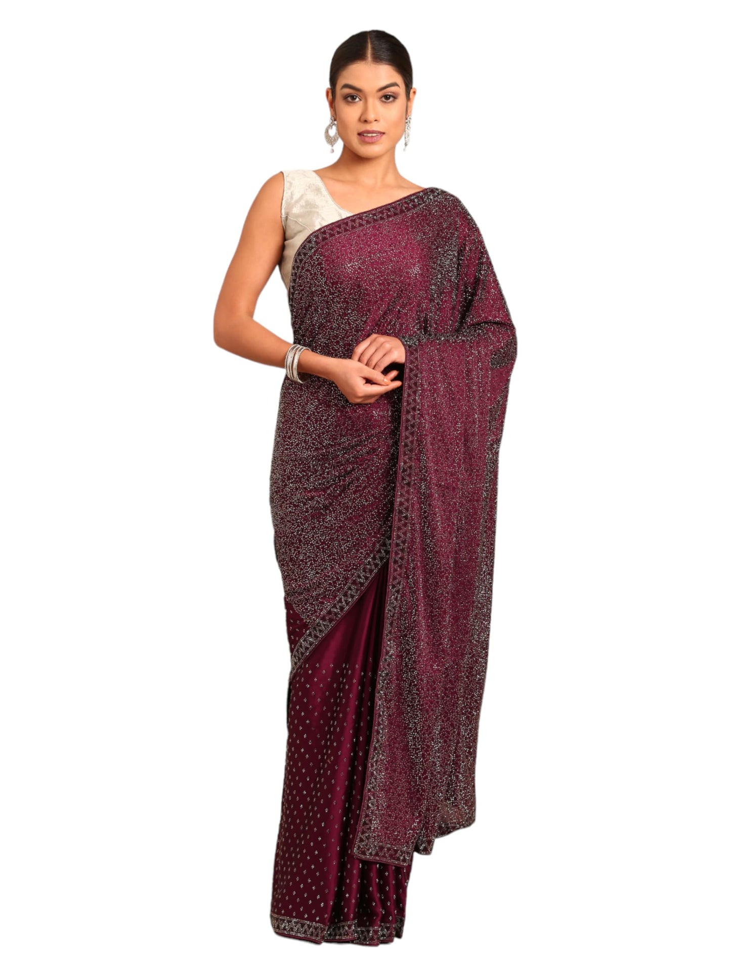 MOHEY Wine Satin Embroidery|Stone Work Saree for Women