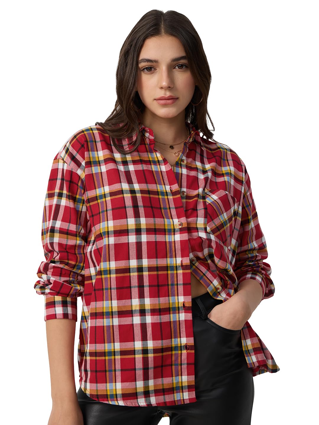 The Souled Store Plaid Shirt: Phlox Women and Girls Long Sleeves Collared Neck Button Front Cotton Boyfriend Shirts