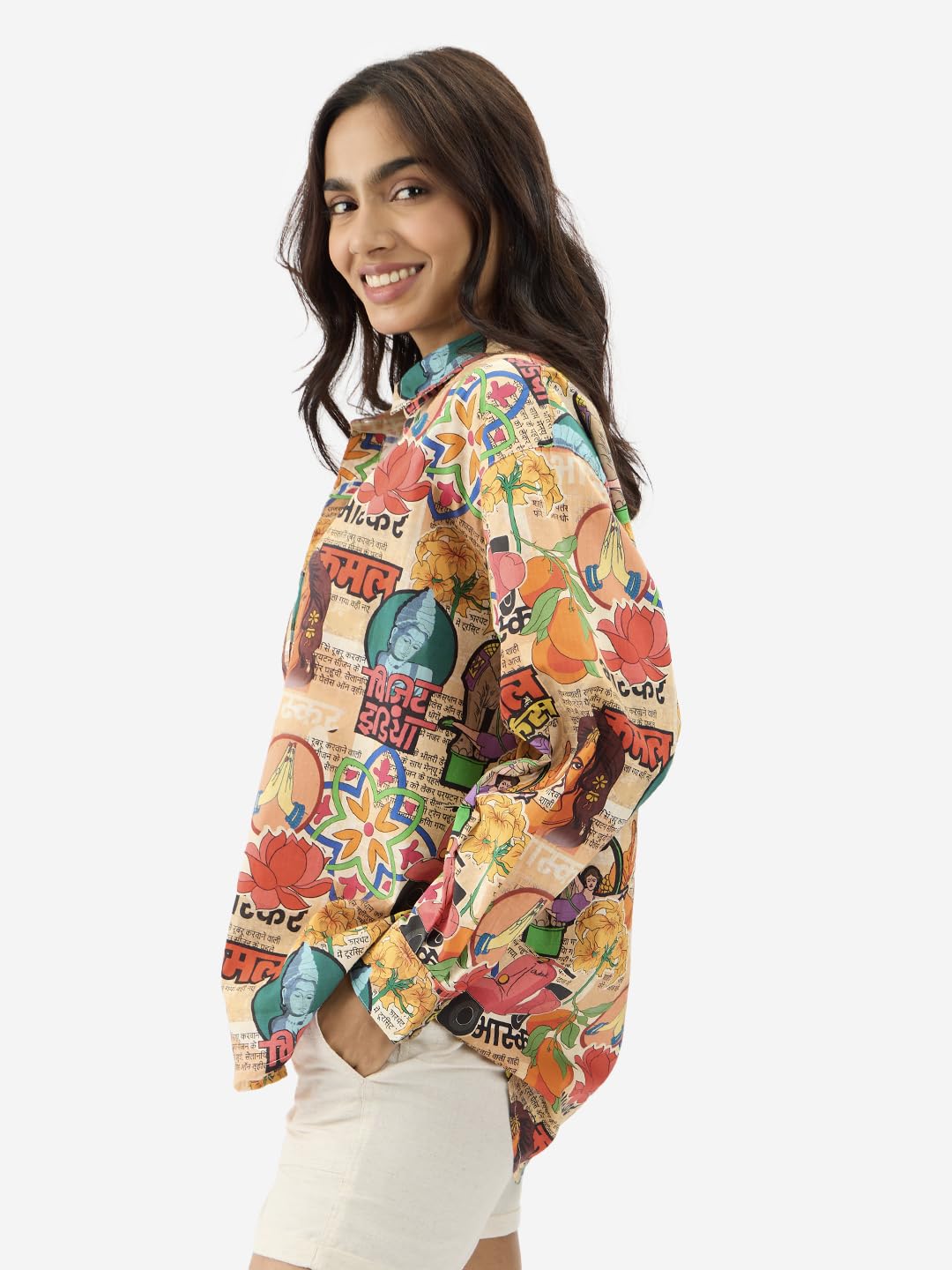 The Souled Store Indian Retro Women and Girls Long Sleeve Collared Neck Button Down Multicolor All Over Printed Boyfriend Shirts with Drop Shoulder and Oversize Fit