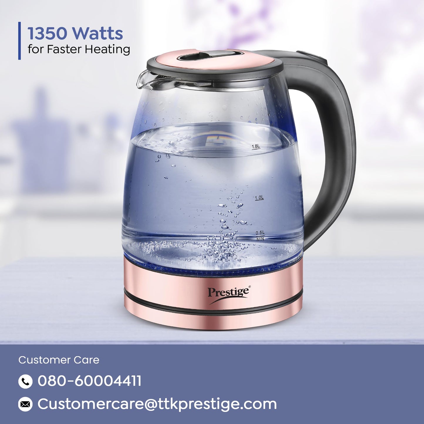 Prestige PKGB 1.8 Litre Electric Glass Kettle| LED Power Indicator| Borosilicate Glass| Automatic Power Cut-Off| Concealed Element| 360 Degree Swivel| Cool Touch Handle, 1350 Watts, Transparent