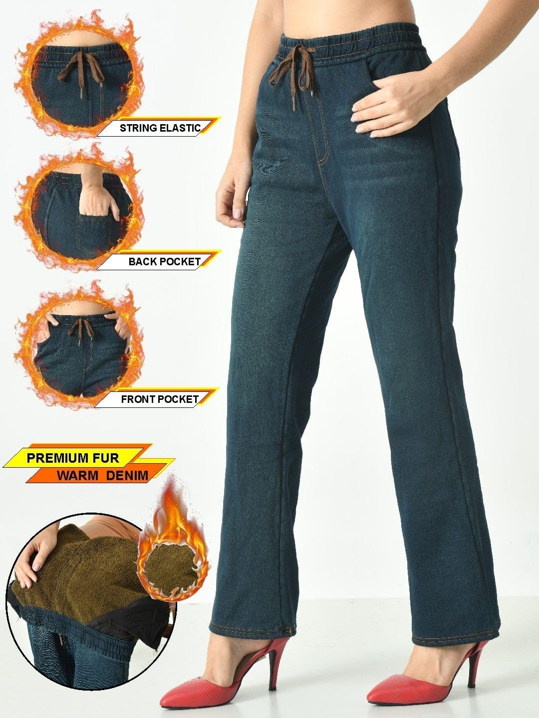 ogimi - ohh Give me Women Fleece Lined Winter Warm Thermal Denim Pant Blue