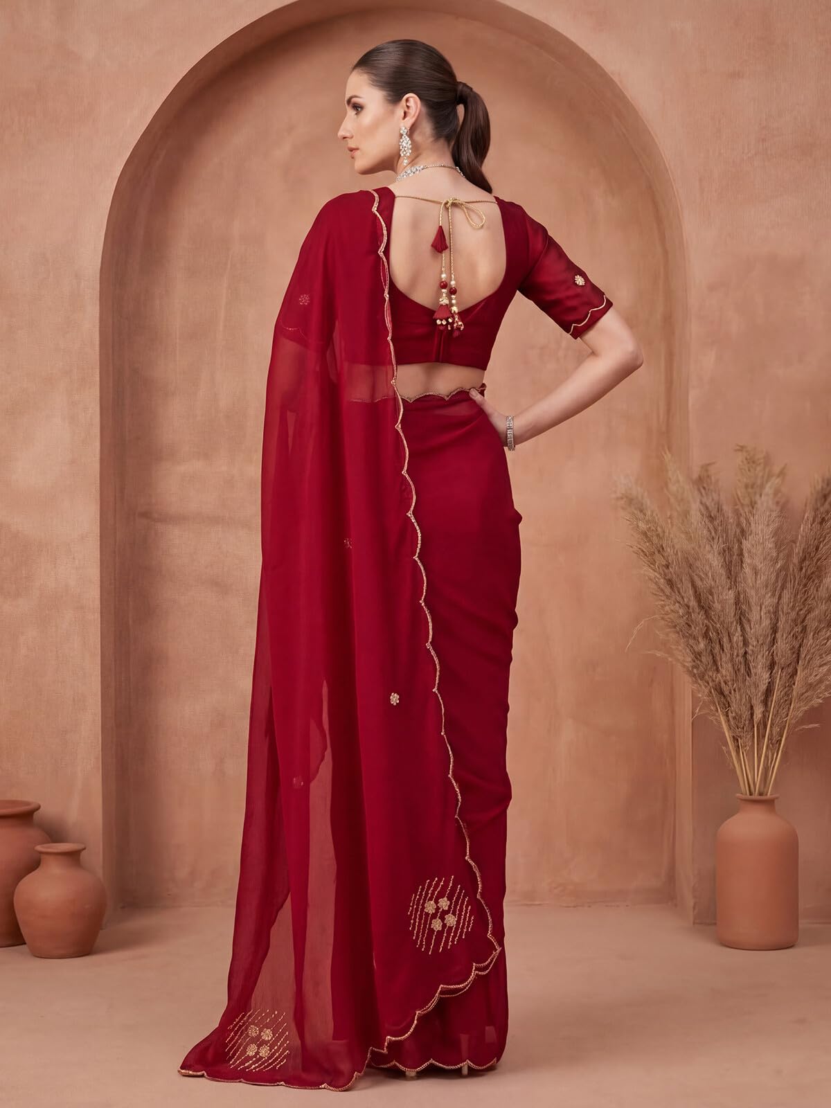 SIRIL Women's Silk Scalloped Border Saree with Unstitched Blouse Piece (5077S843A_Maroon)