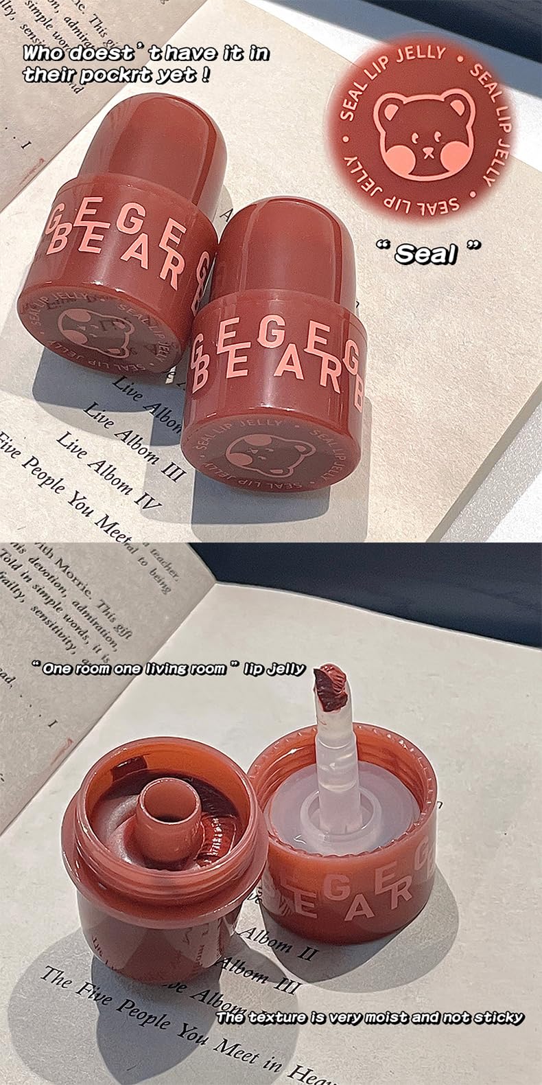 Gege Bear Seal Lip Jelly Lipstick for Women – Moisturizing Lip Mud, high-shine, lightweight, smooth application, non-sticky, nourishing, long-lasting, soft lips, glossy finish, comfortable wear, sheer tint, luminous glow, natural gloss, easy glide, beauty