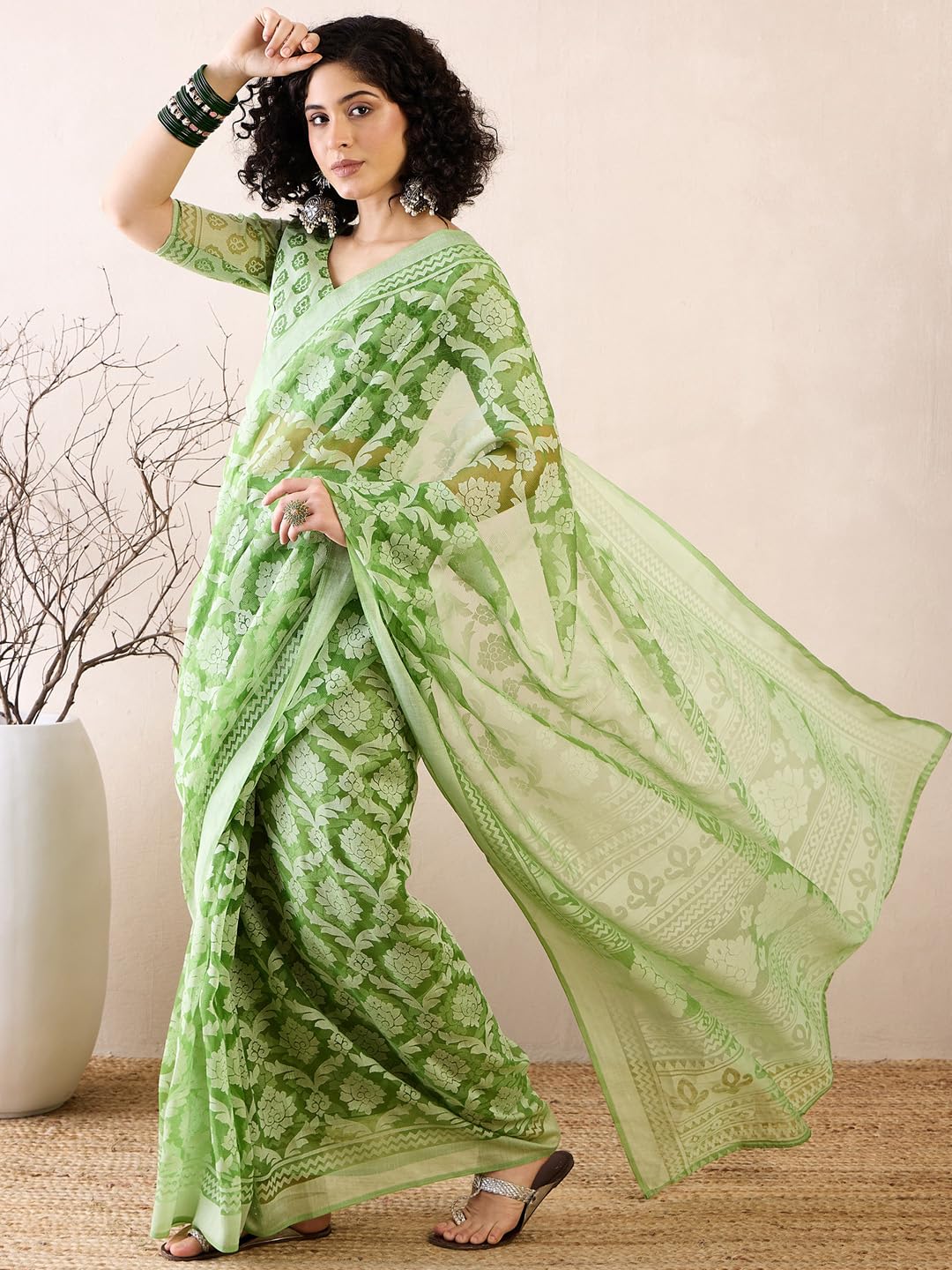 SAREE MALL Women's Green Brasso Floral Printed Ready To Wear one Minute Saree With Unstitched Blouse (RTWMSKR01E_HS)