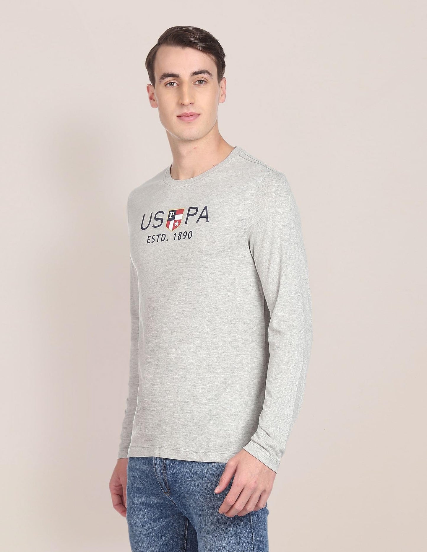 U.S. POLO ASSN. Men's Crew Neck Long Sleeve Brand Print Cotton T-Shirt (USTSHS1388_Grey_L)