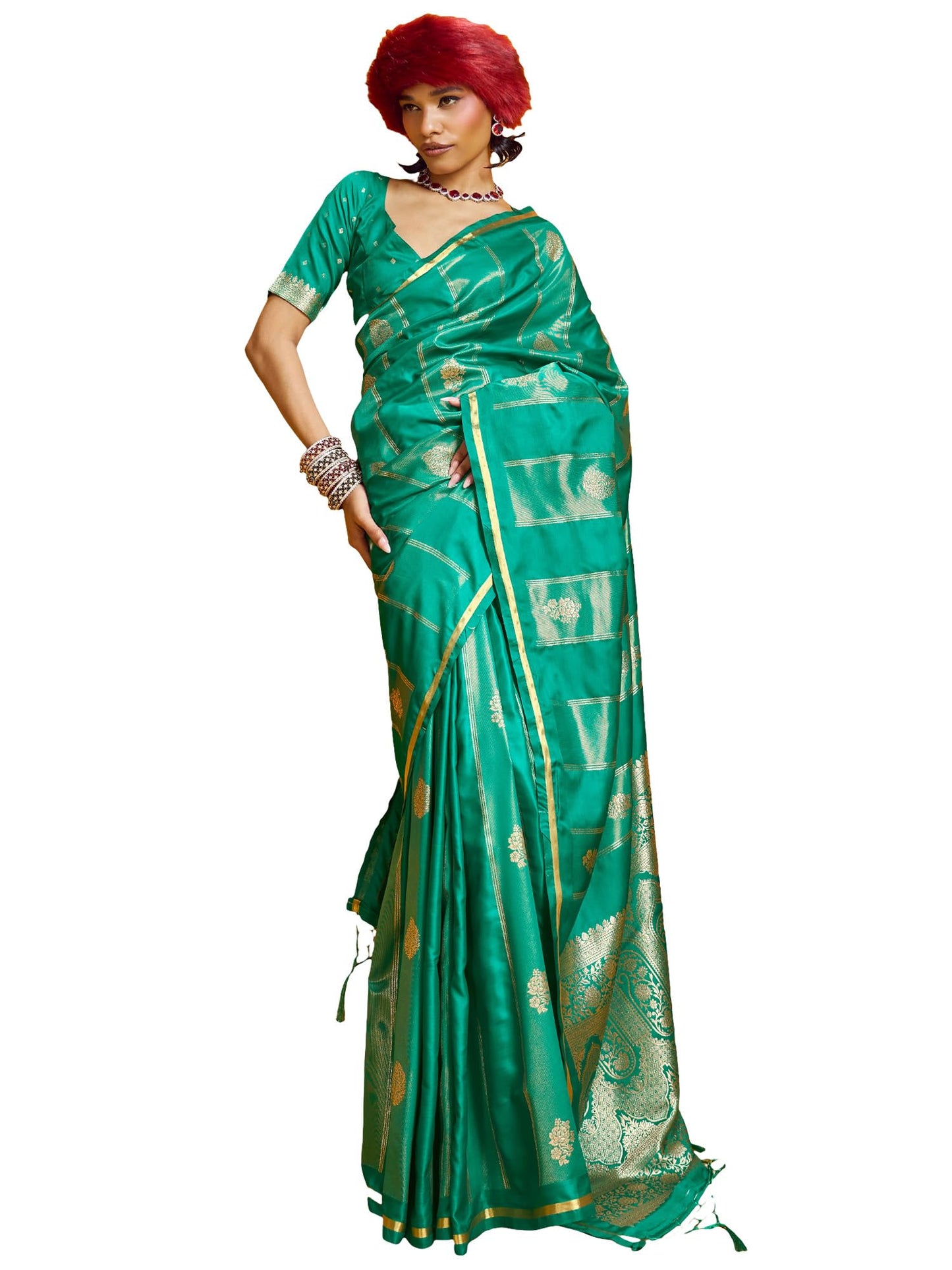 AKHILAM Women's Teal green Satin Ethnic Motif Print Tassels and Latkans Saree With Unstitched Blouse Piece | saree for woman | Designer Saree for Women