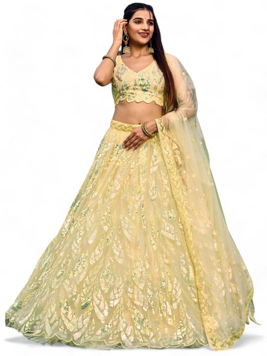 Zeel Clothing Women's Sequins Embroidered Net Semi-Stitched Lehenga and Choli Set (5101-Yellow-Womens-Lehenga-Choli-Latest; Free Size)