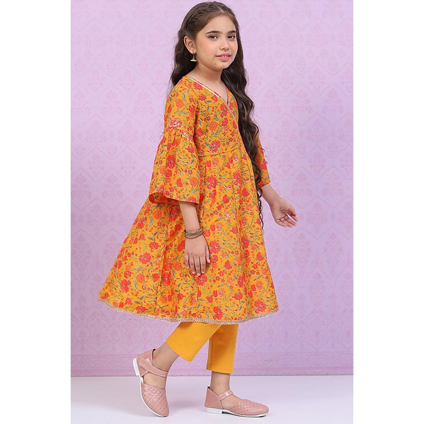 BIBA Girls Polyester Flared Printed Suit Set(KW5024E_5_Brown)