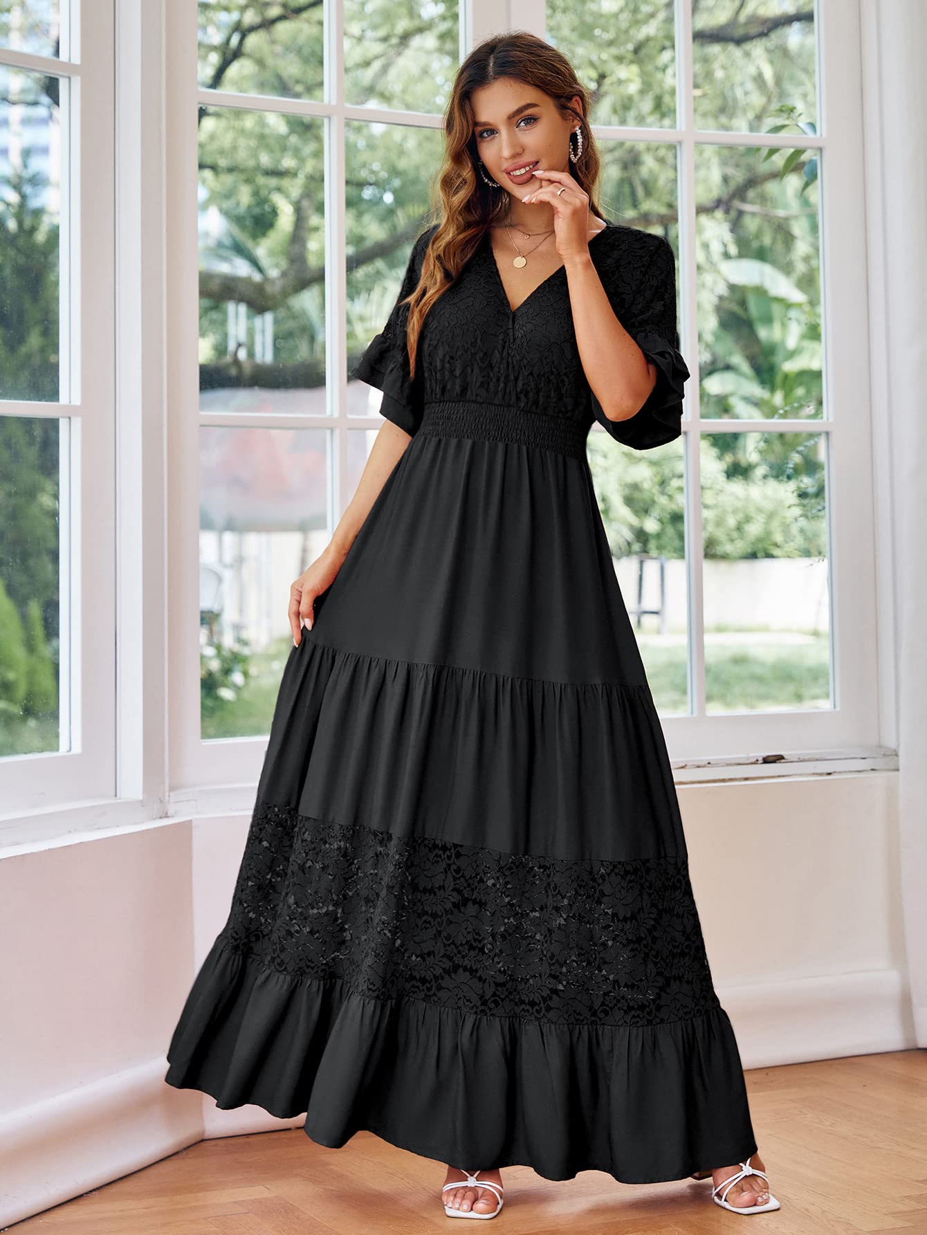 Simplee Women V Neck Formal Lace Maxi Dress Ruffle Flowy Short Sleeve Boho Wedding Guest Party Summer Long Dress, Lace_black, X-Large