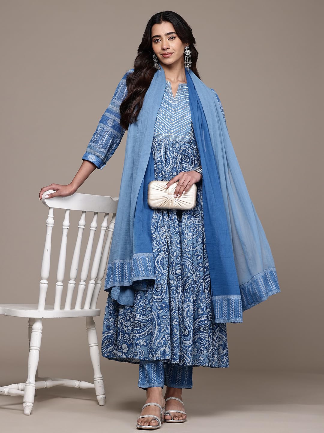 Aarke Ritu Kumar Blue Pashmina Round Neck Kurta With Pant And Dupatta