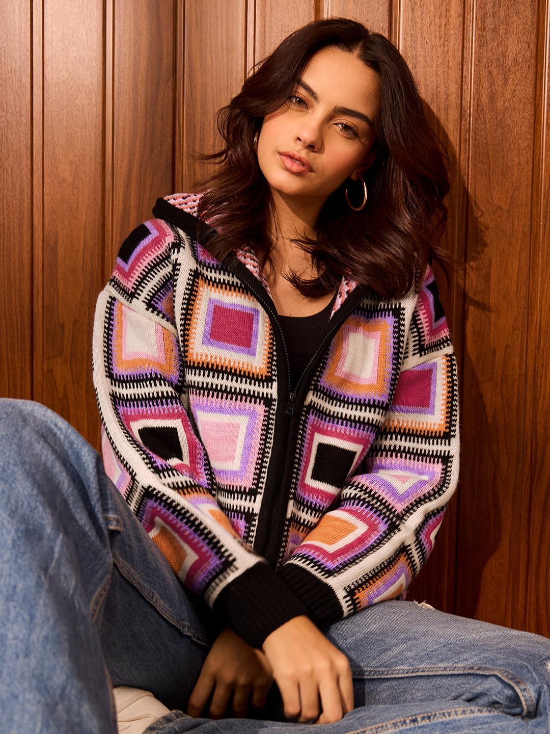 The Souled Store Originals : Prismatic Oversized Front Zip Knitted Sweaters for Womens and Girls