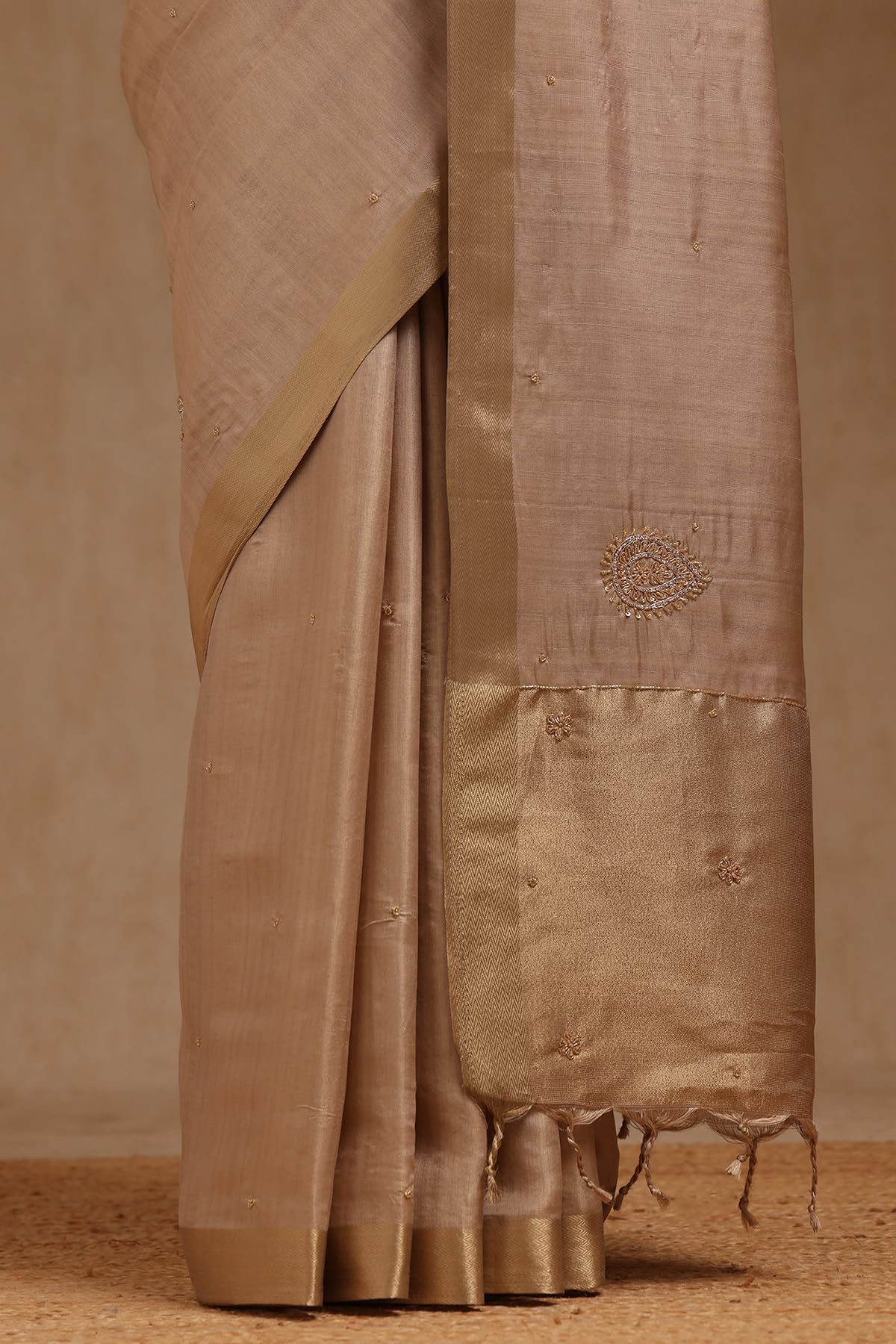 Soch Womens Beige Tussar Solid Saree With Cutdana