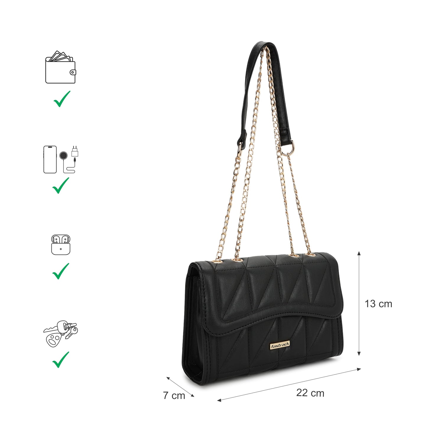 Fastrack Women Quilted Sling Bag with Chain Strap | Magnetic Flap Closure, Inner Zip Pocket and Spacious Interior | Stylish Everyday Bag | Sling for Casual Carry, Black