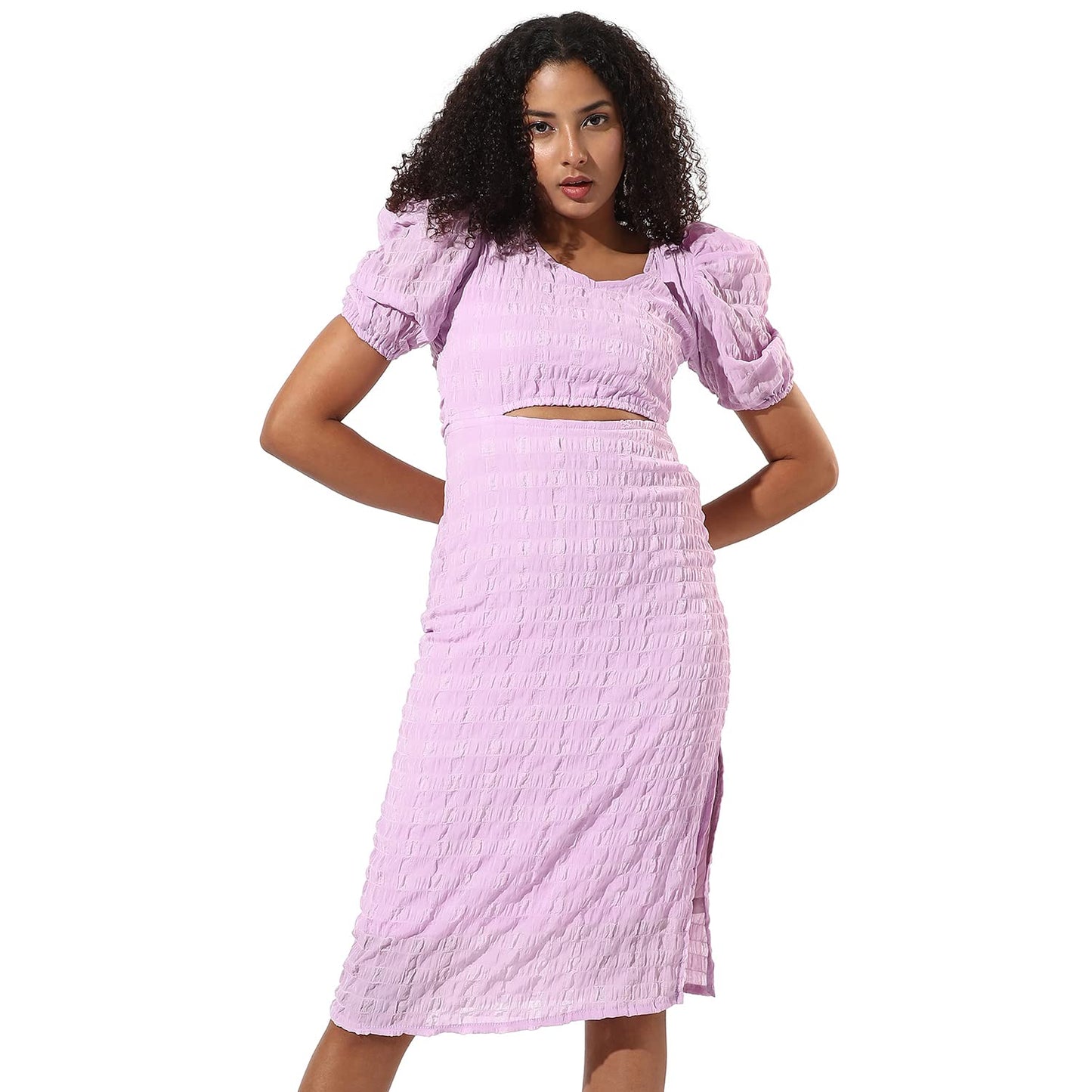 Campus Sutra Women's Solid Lavender Short Sleeve Midi Length Regular Fit Dress for Casual Wear | V Neck Dress Crafted with Comfort Fit and High Performance for Everyday Wear