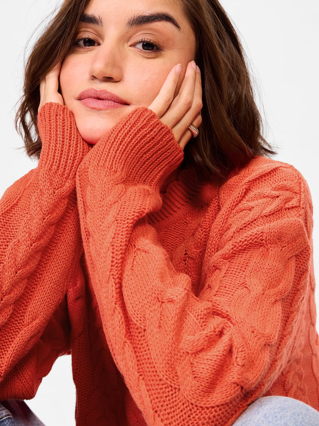 The Souled Store Cable Knit Sweater Originals: Fiery Orange Women Oversized Sweater