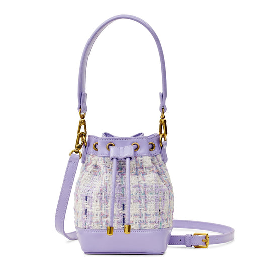 Miraggio Tiara Tweed Drawstring Bucket Handbag with Adjustable & Detachable Sling/Crossbody Strap for Women (Lavender)