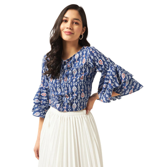 Pannkh Women's Ikat Printed Bell Sleeves Top Stylish Cotton Blouse with Ethnic Print and Flared Sleeves Perfect for Casual Wear
