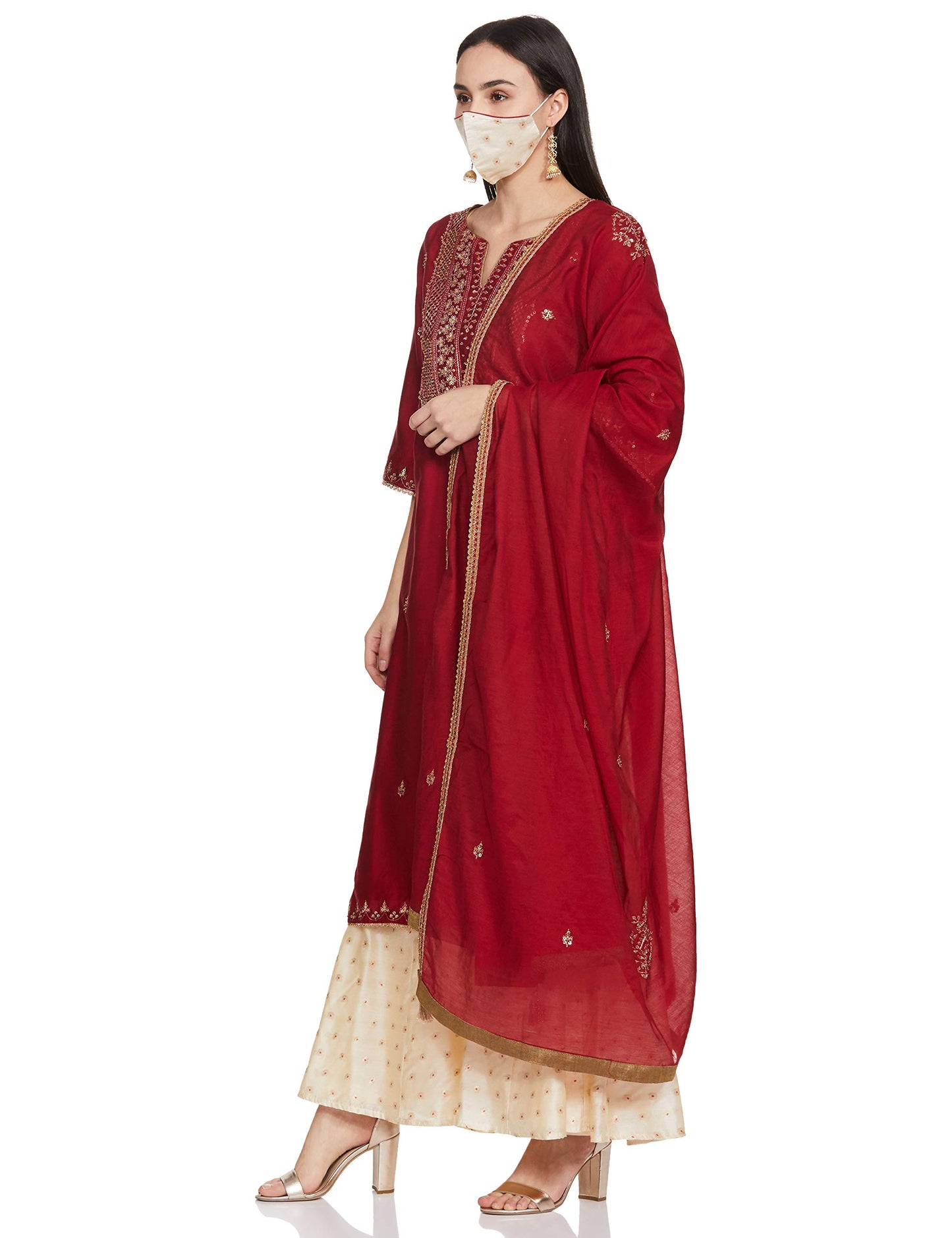 BIBA WOMEN SOLID RELAXED SALWAR KURTA DUPATTA(SKD6901_CHERRY RED_32)