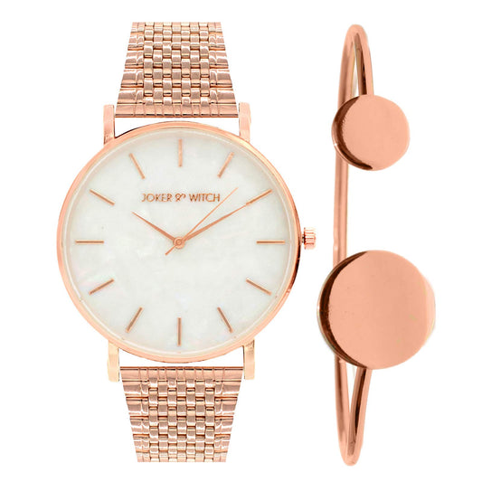 Joker & Witch Stainless Steel Women Aria Rosegold White Dial Analog Watch Bracelet Set, Gold Band
