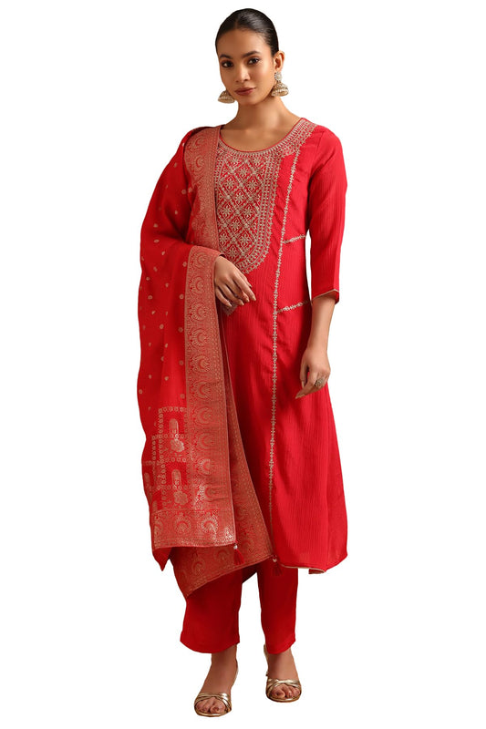 Soch Womens Red Viscose Blend Ethnic Motifs Salwar Suit With Zari