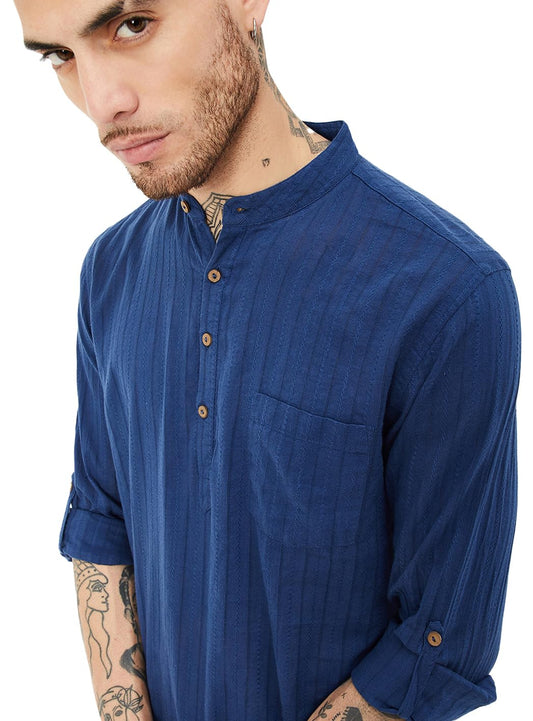 Max Men's Long Sleeves Regular Fit Band Collar Waist Length Cotton Kurta (Blue_M)