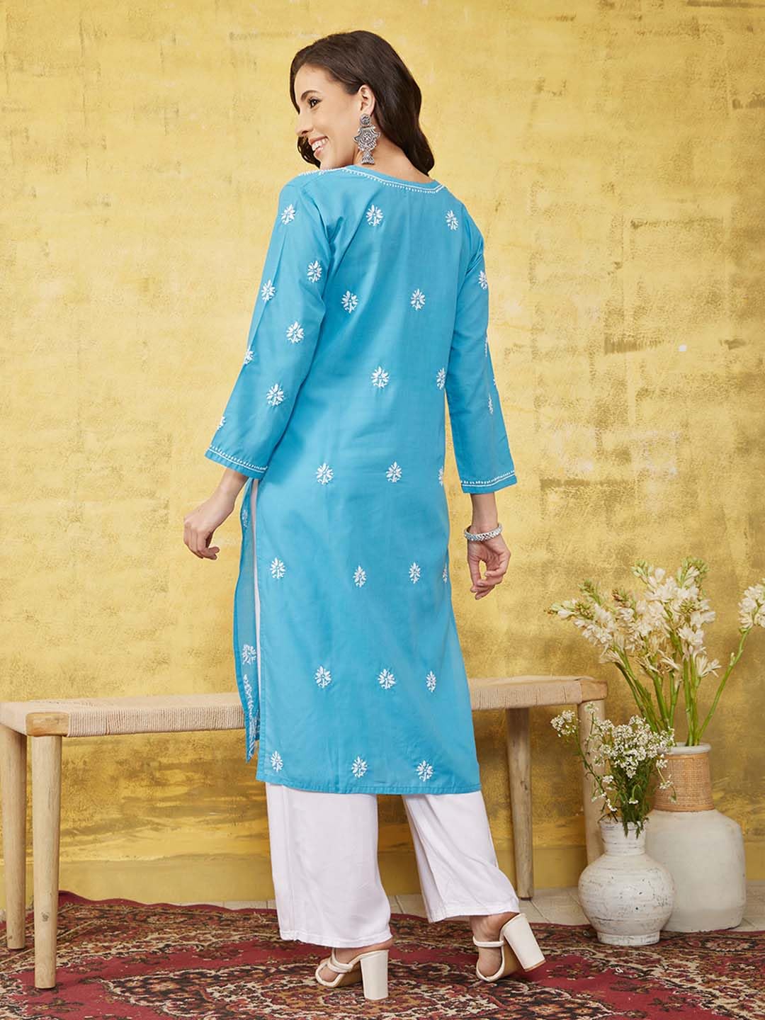 Ada Lucknowi Chikankari Hand Embroidered Straight Cotton Kurti Kurta for Women A411531 Sky Blue (L)