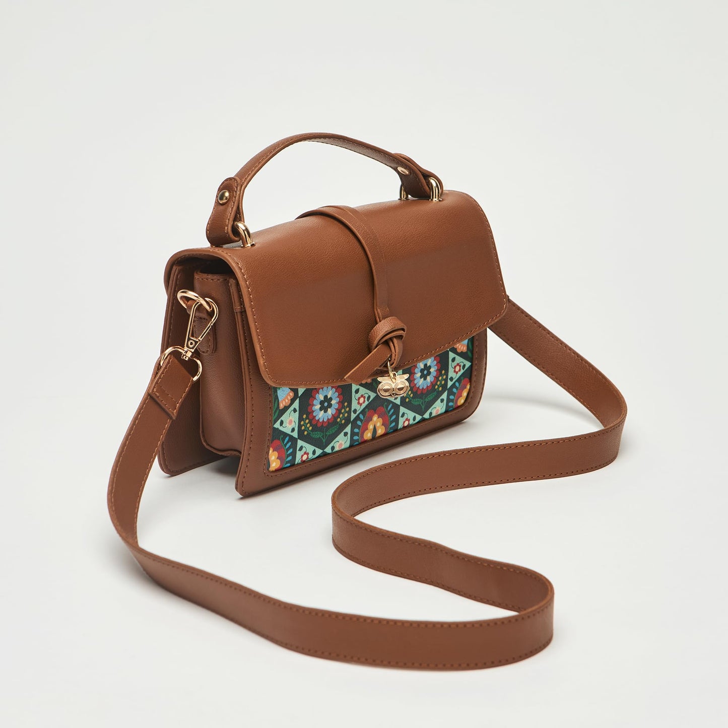 Chumbak London Satchel for Women, Tan Floral PU Leather, Digital Nomad Collection, Structured Zipper Satchel, Elegant and Durable Shoulder Bag for Travel and Work