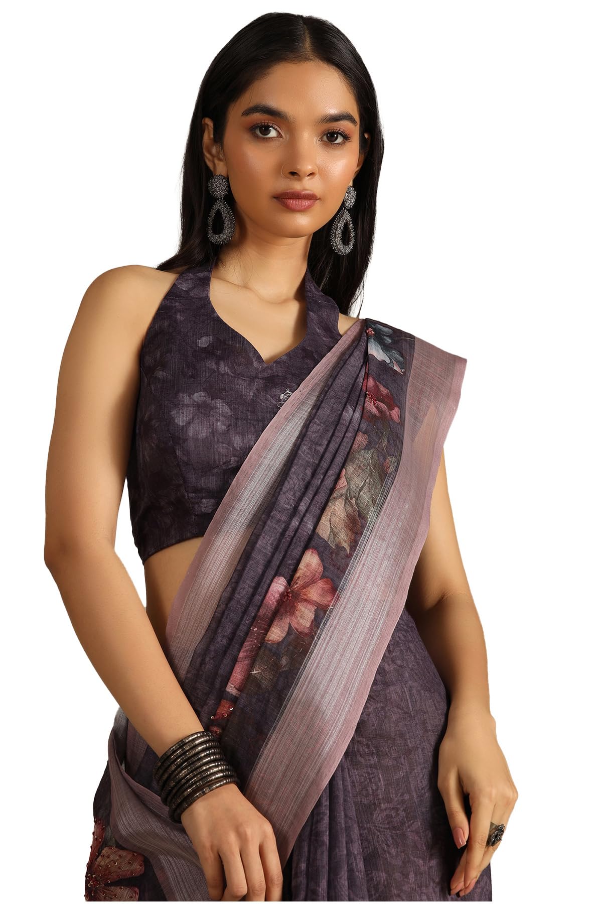 Soch Womens Wine Linen Floral Print Saree With Sequins