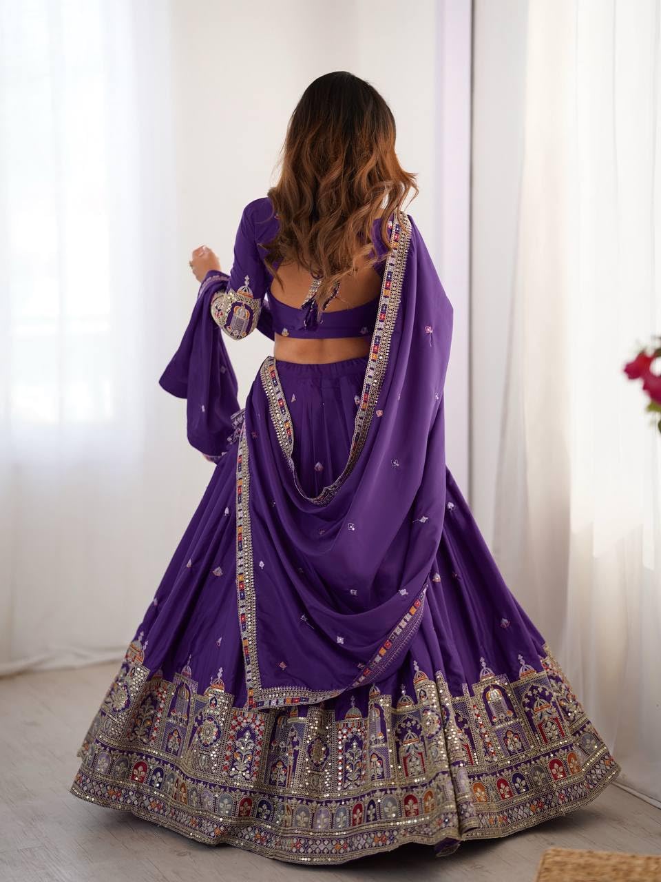JIHU CULTURE Women's Natural Silk Coding Dori With Sequence Embroidery Work Semi Sttiched Lehenga Choli Set For Wedding (Purple)