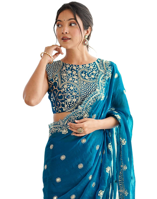 SIRIL Women's Sequence Embroidery Chiffon Saree With Unstitched Blouse Pieces (4856S151-Blue)