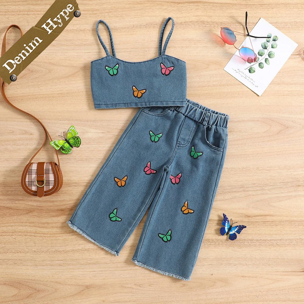 Hopscotch Girls Sleeveless Graphic Print Blue Color Jeans set (2-3 Years)