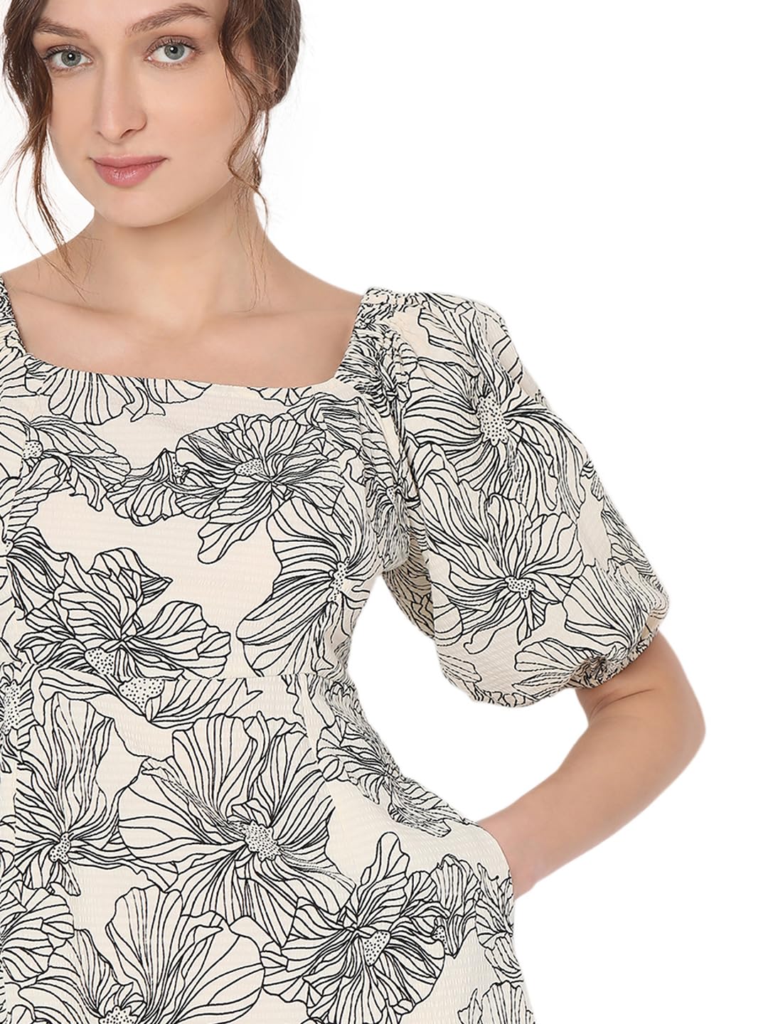 VERO MODA Women Floral Print Beige Polyester Above Knee Length A-line Dress