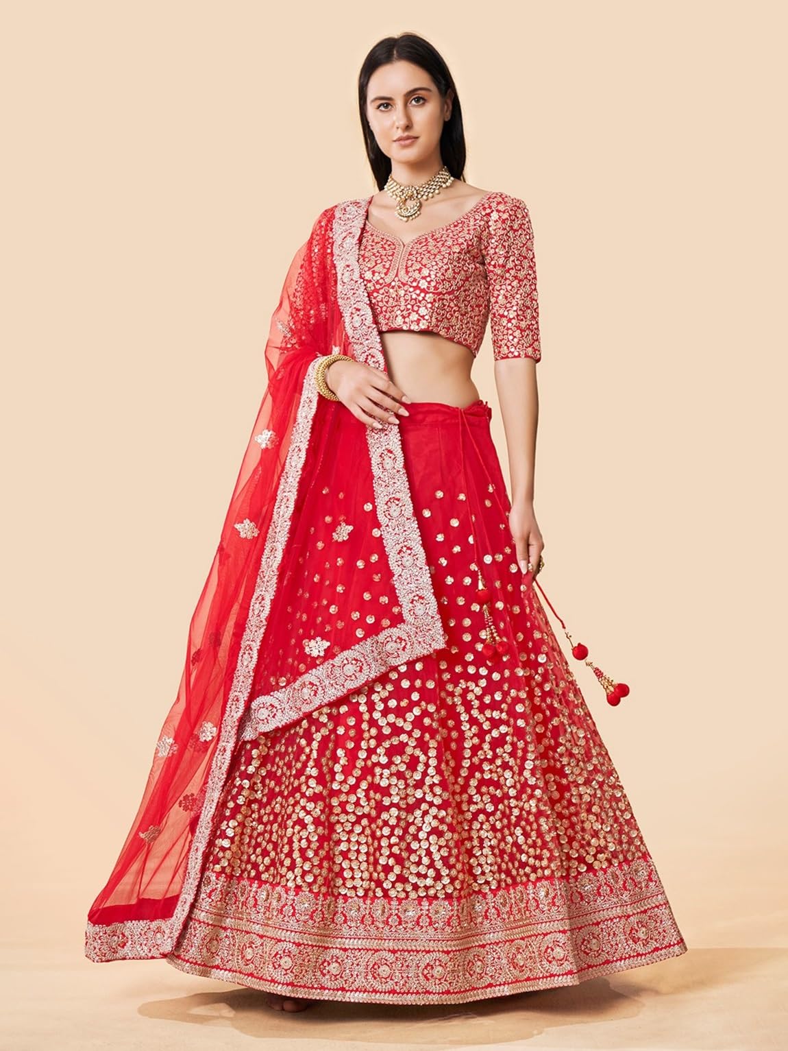 Prasheem Fashion Women's Net Lehenga Choli with Heavy Sequence Work and Dupatta (pack of 1 Red)
