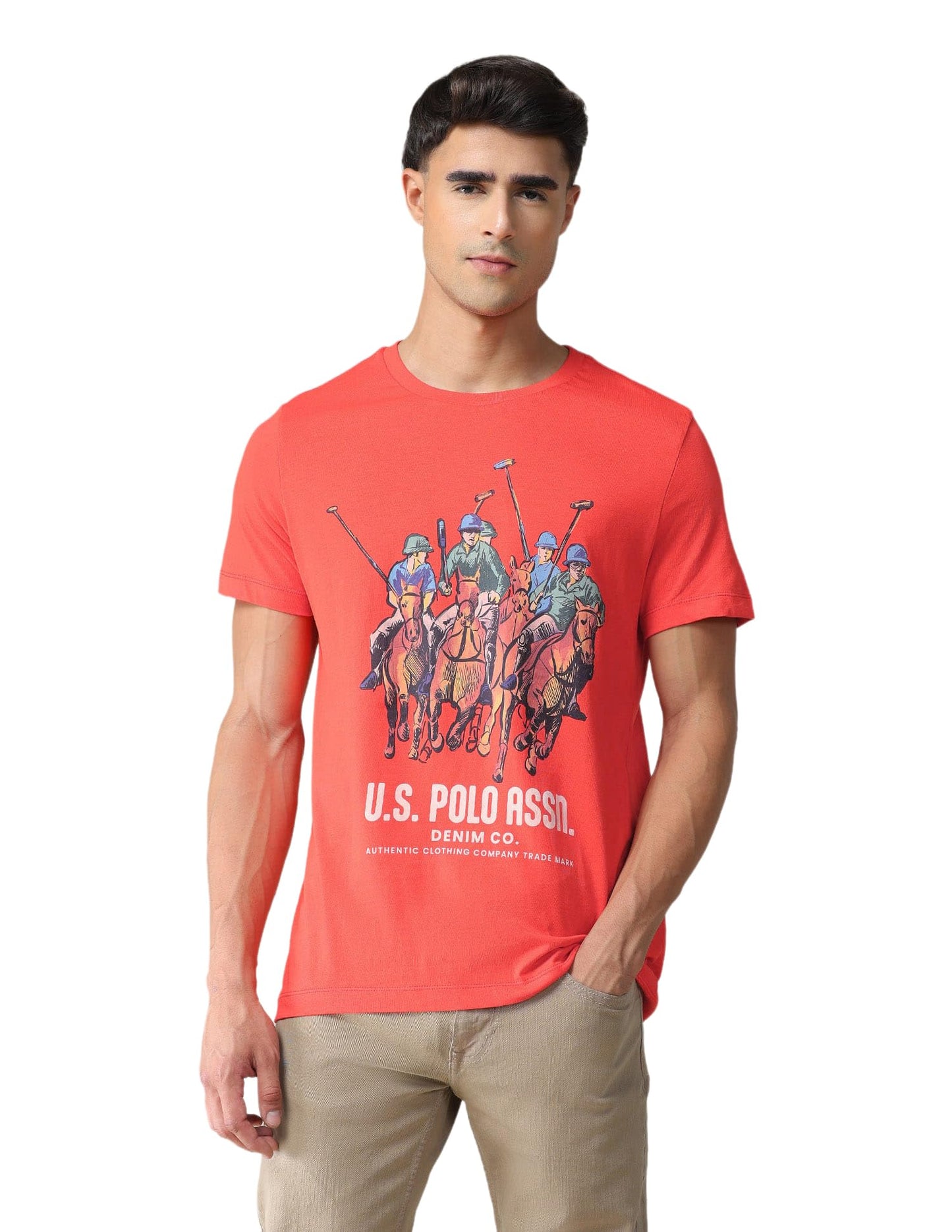 U.S. POLO ASSN. Brand Printed Cotton T-Shirts for Men - Slim Fit, Half Sleeves Mens Casual T Shirts Red