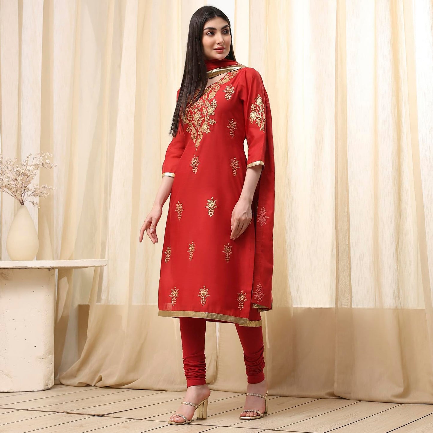 Biba Women's Poly Chanderi Kurta Set (SKDASRT7716ESS25RED_Red