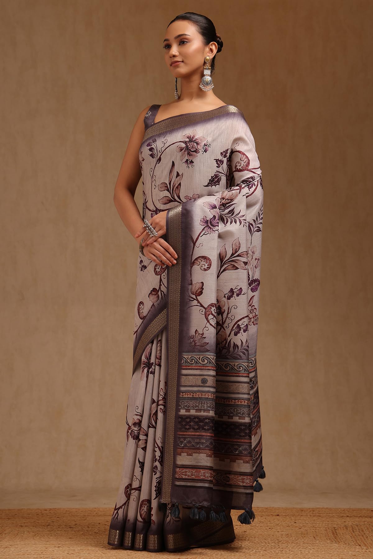 Soch Womens Grey Tussar Botanical Print Saree