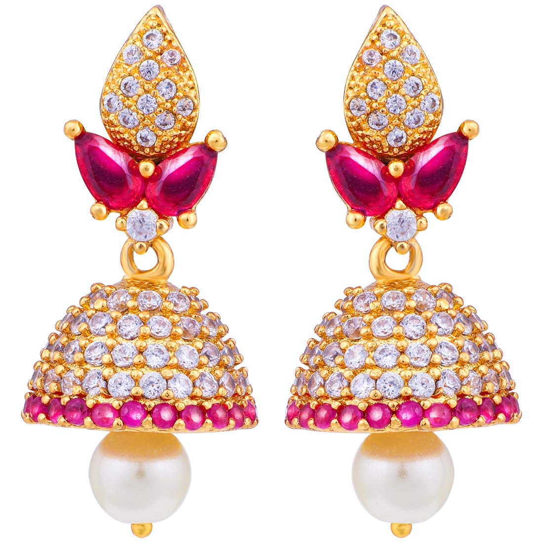 Peora Traditional Jewellery Gold Plated CZ Pearl Pink Jhumka Jhumki Earrings for Women Girls (Maroon)