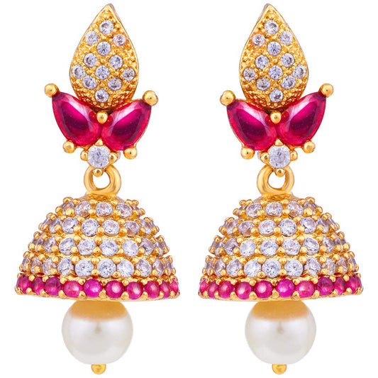 Peora Traditional Jewellery Gold Plated CZ Pearl Pink Jhumka Jhumki Earrings for Women Girls (Maroon)