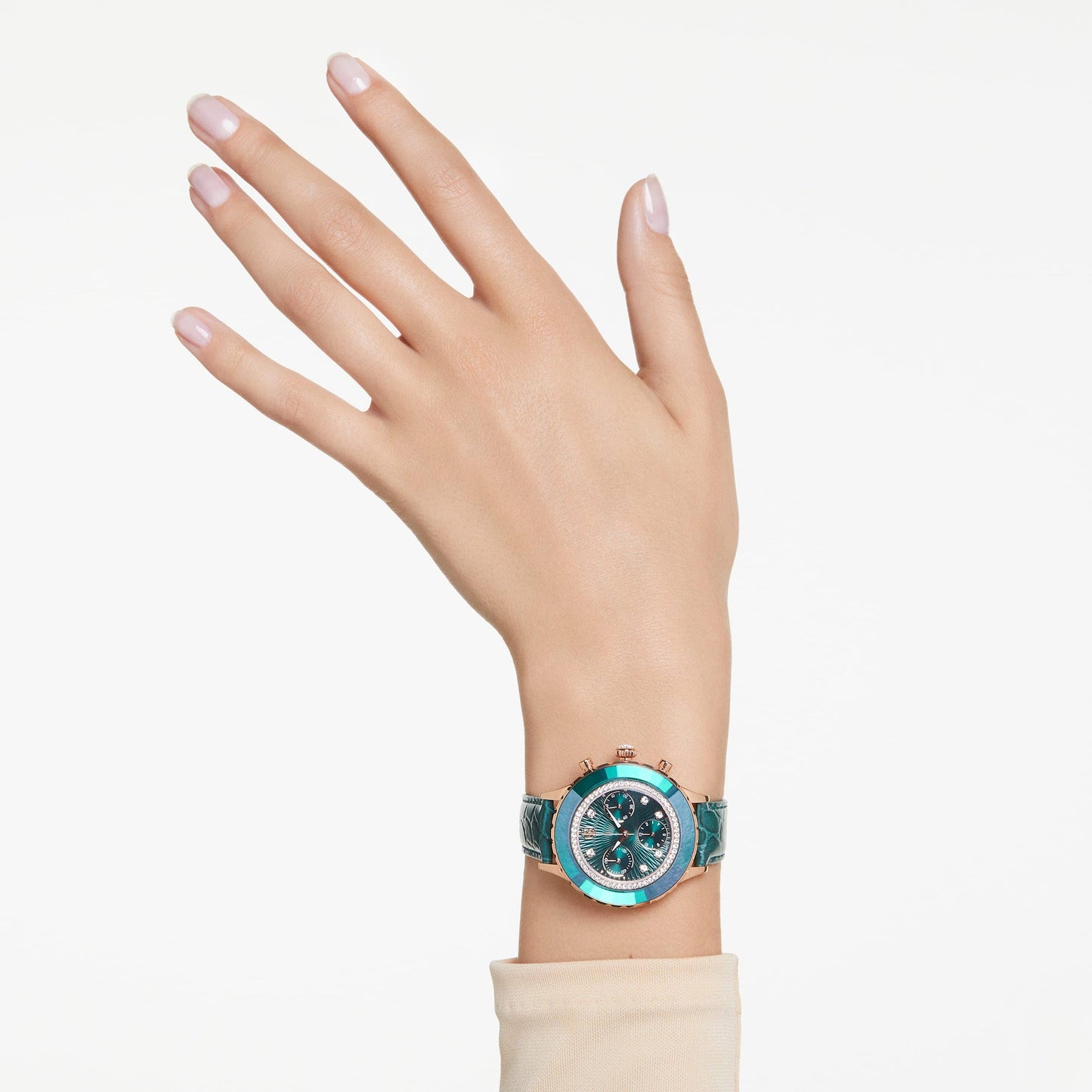 Swarovski Leather Analog Rose Gold Dial Women's Watch-5672931, Band Color-Green