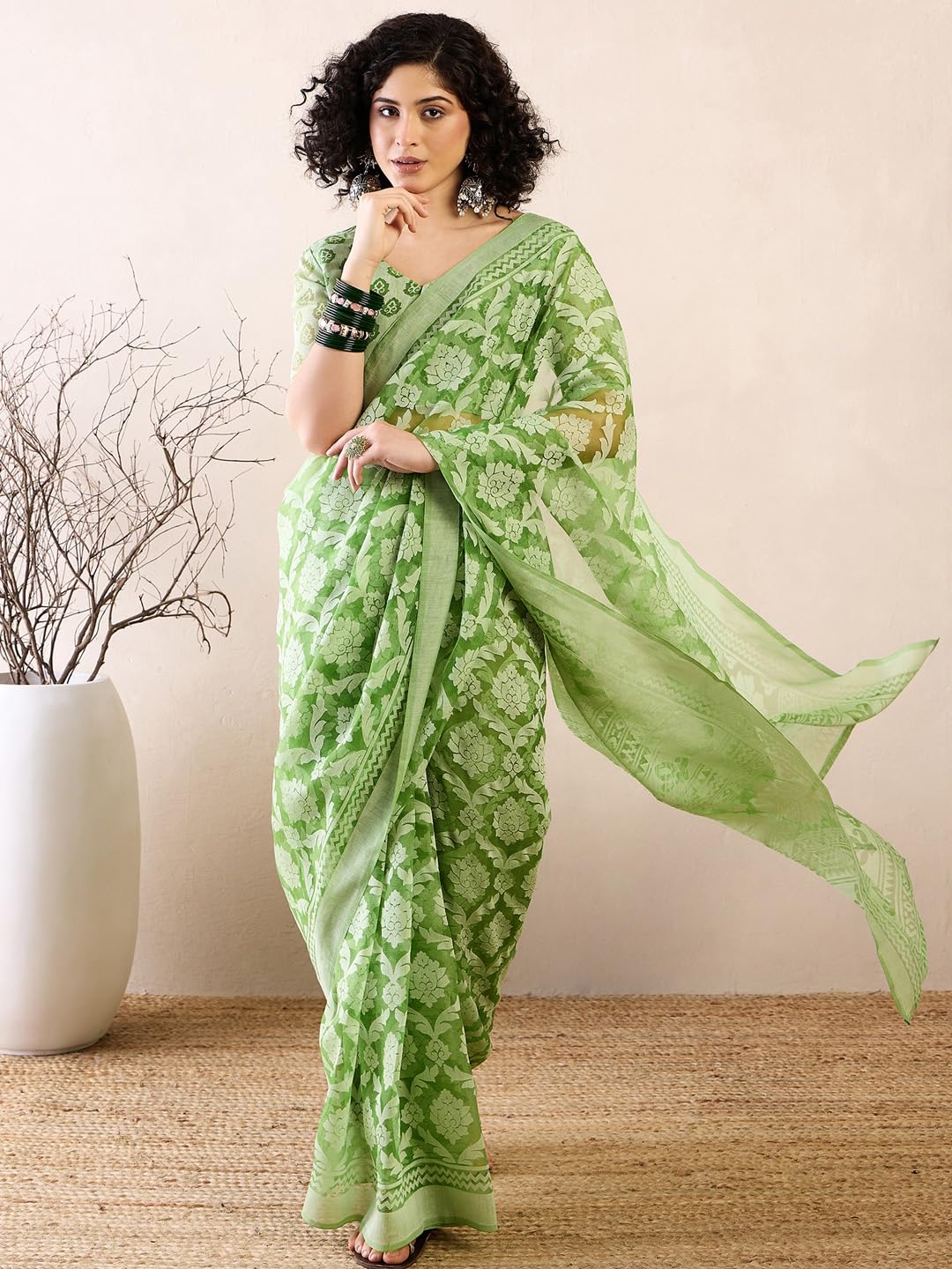 SAREE MALL Women's Green Brasso Floral Printed Ready To Wear one Minute Saree With Unstitched Blouse (RTWMSKR01E_HS)
