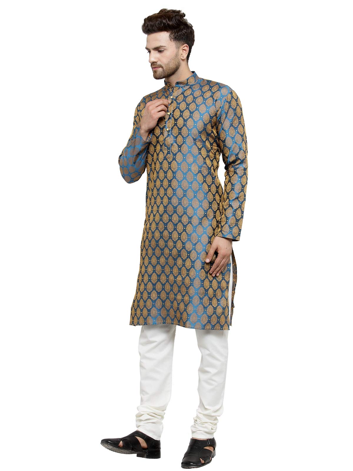 Jompers Men's Jacquard Silk Kurta and Pyjama(Blue,M)