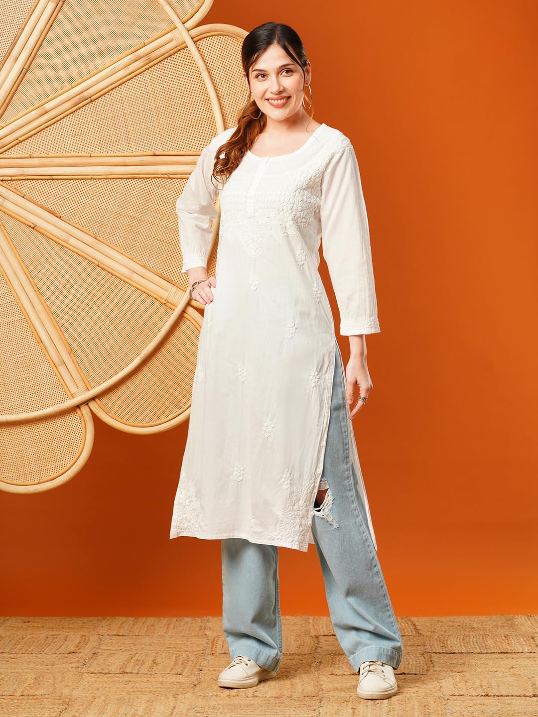 Ada Women's Hand Embroidered Lucknow Chikankari Pure Cotton Kurta Kurti A342031 (White, 2XL)