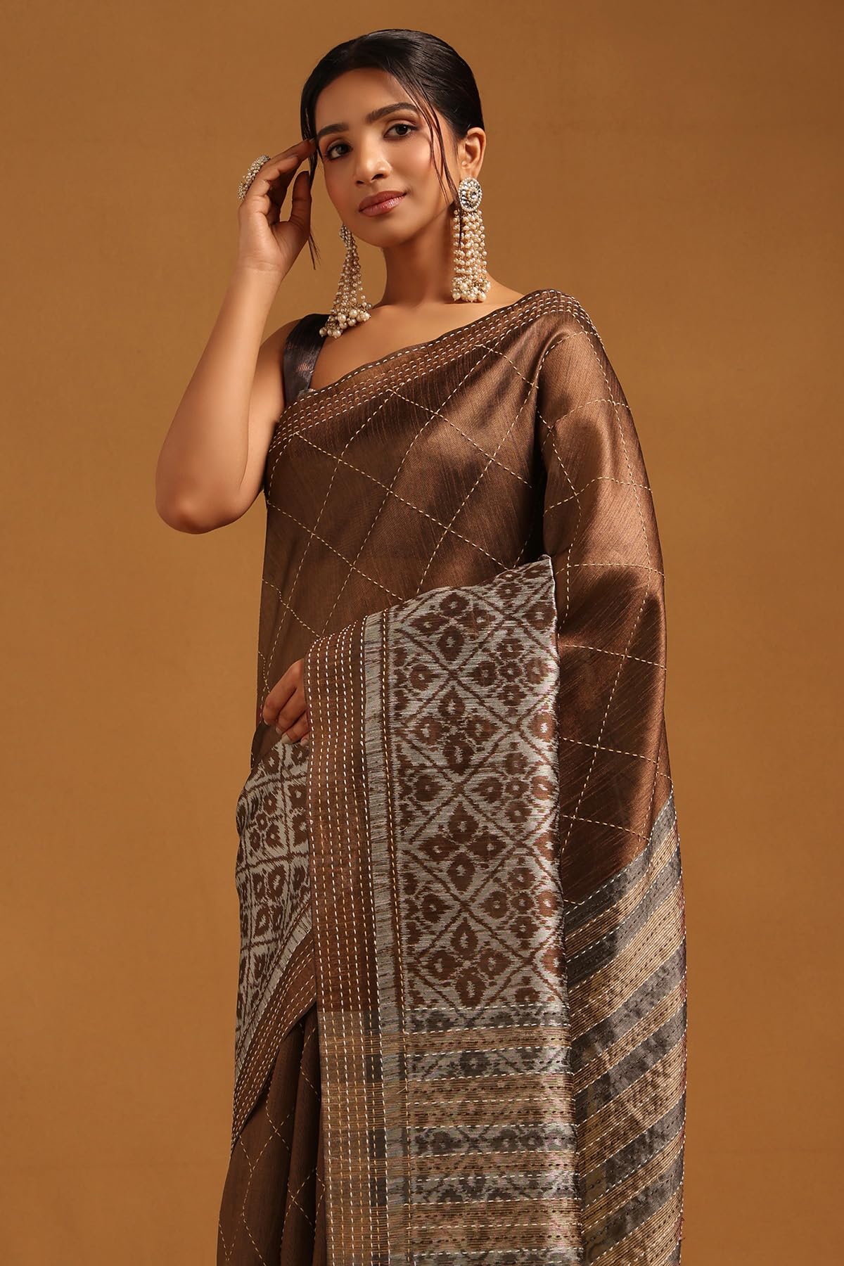 Soch Womens Brown Tussar Geometric Saree With Kantha Embroidery