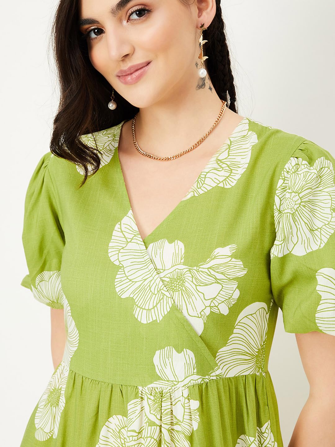 Max Women Floral Printed Midi One Piece Dress (MDDRS41002BGREEN)_Small